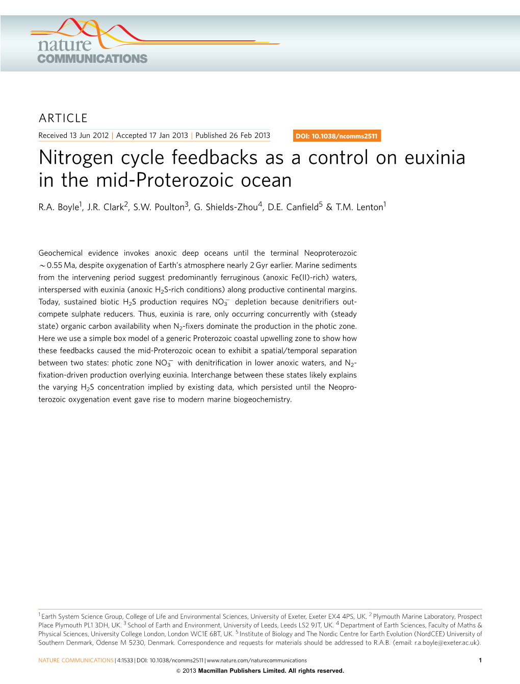Nitrogen Cycle Feedbacks As a Control on Euxinia in the Mid-Proterozoic Ocean