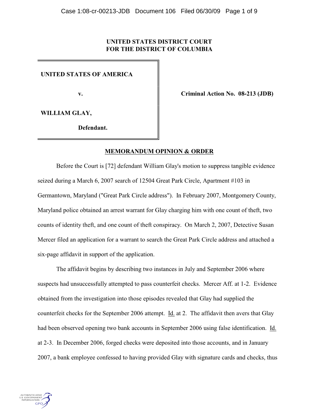 Case 1:08-Cr-00213-JDB Document 106 Filed 06/30/09 Page 1 of 9