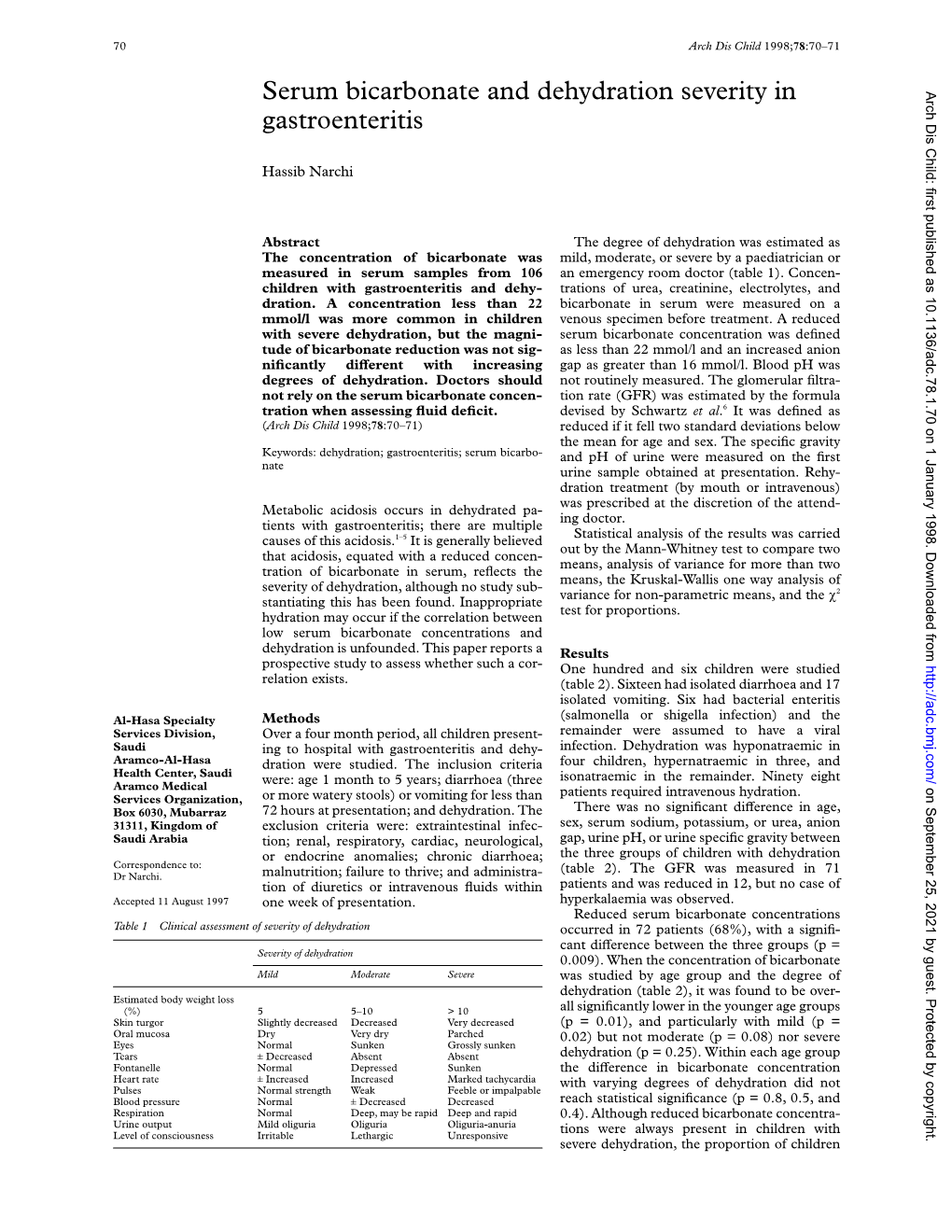 Serum Bicarbonate and Dehydration Severity in Gastroenteritis 71