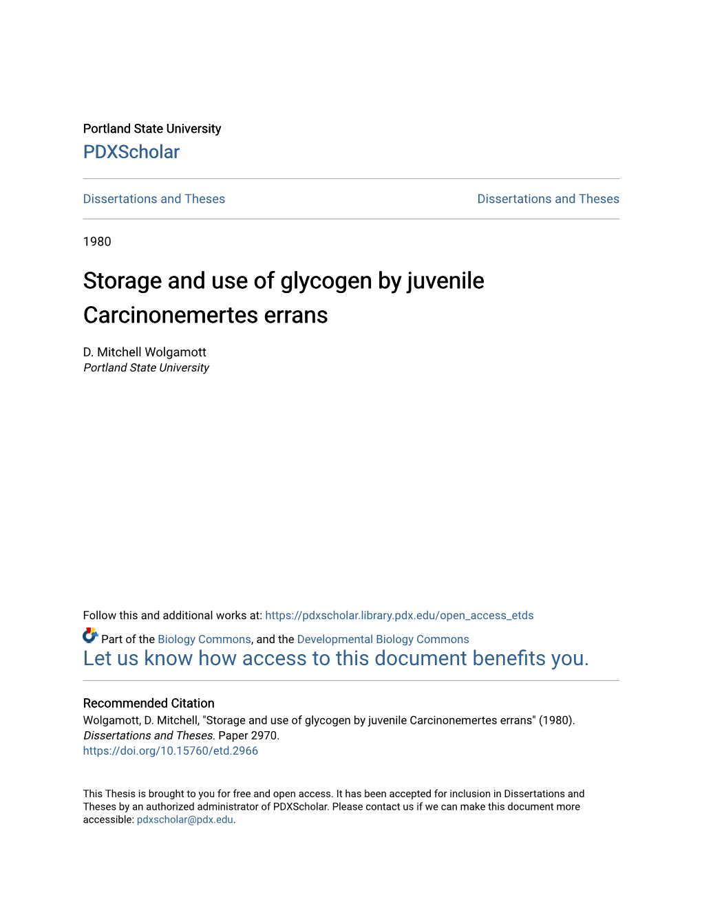 Storage and Use of Glycogen by Juvenile Carcinonemertes Errans