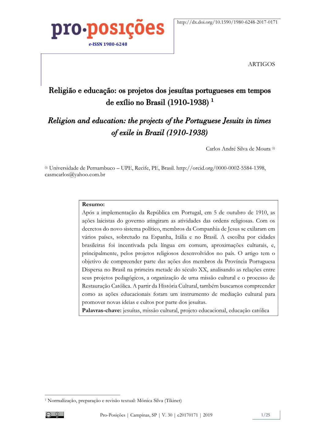 Religion and Education: the Projects of the Portuguese Jesuits in Times of Exile in Brazil (1910-1938)