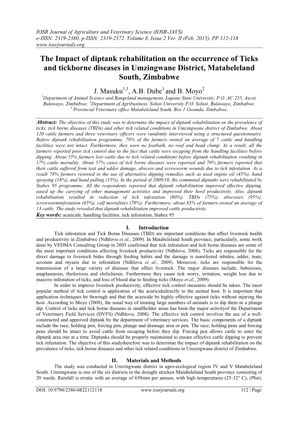 The Impact of Diptank Rehabilitation on the Occurrence of Ticks and Tickborne Diseases in Umzingwane District, Matabeleland South, Zimbabwe