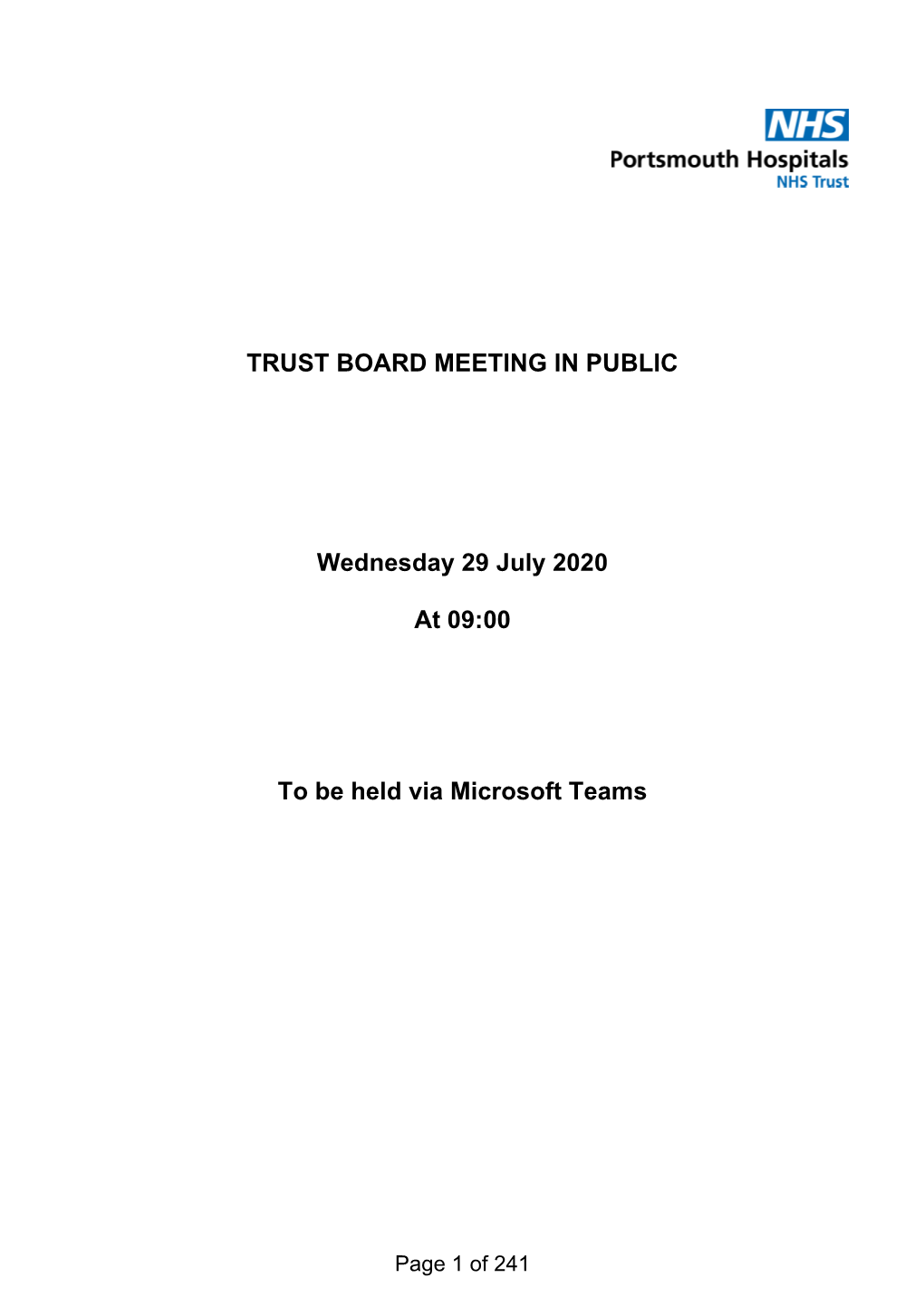 TRUST BOARD MEETING in PUBLIC Wednesday 29 July 2020 at 09:00