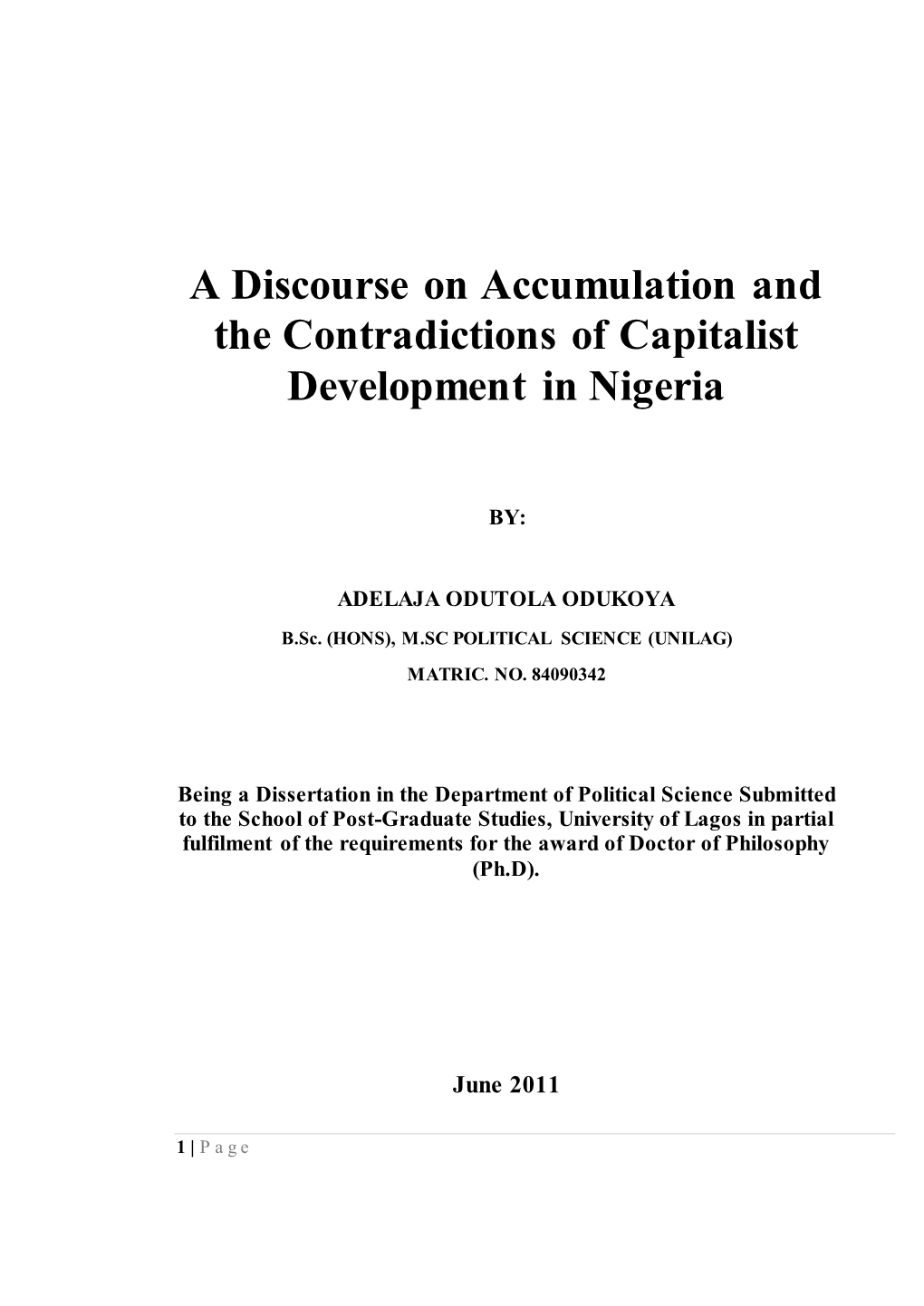 A Discourse on Accumulation and the Contradictions of Capitalist Development in Nigeria