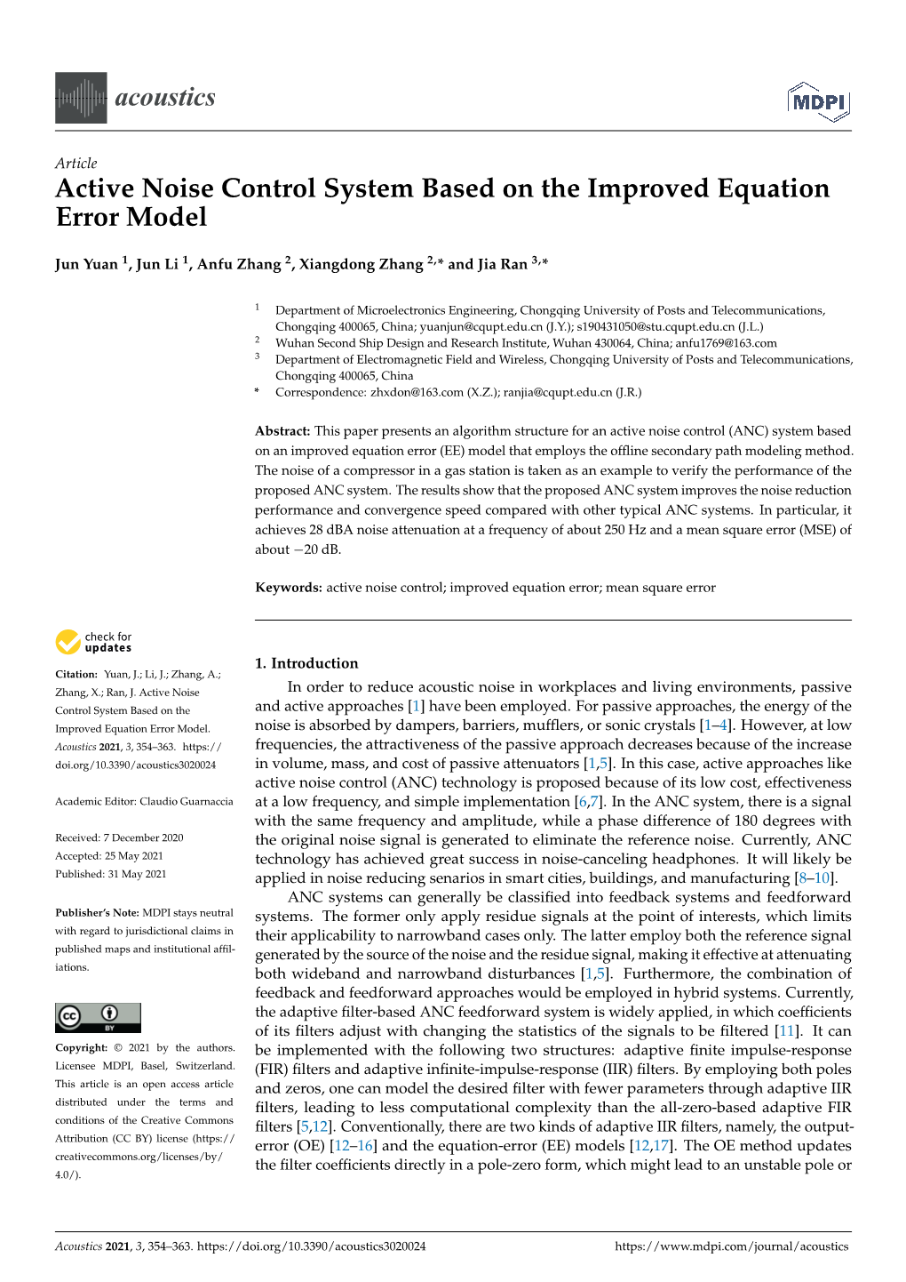 Active Noise Control System Based on the Improved Equation Error Model