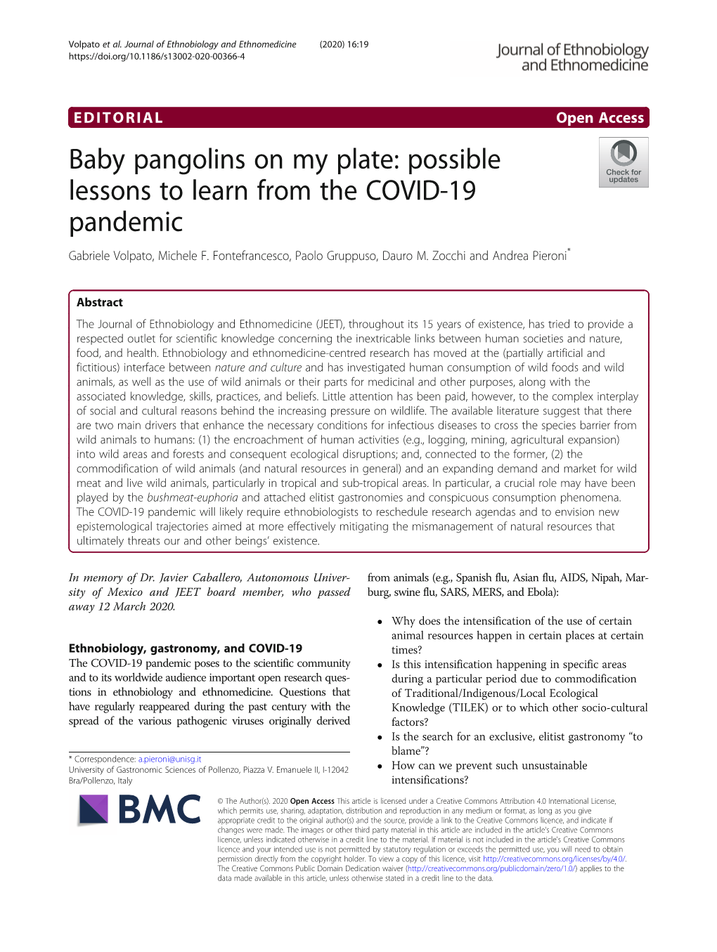 Baby Pangolins on My Plate: Possible Lessons to Learn from the COVID-19 Pandemic Gabriele Volpato, Michele F