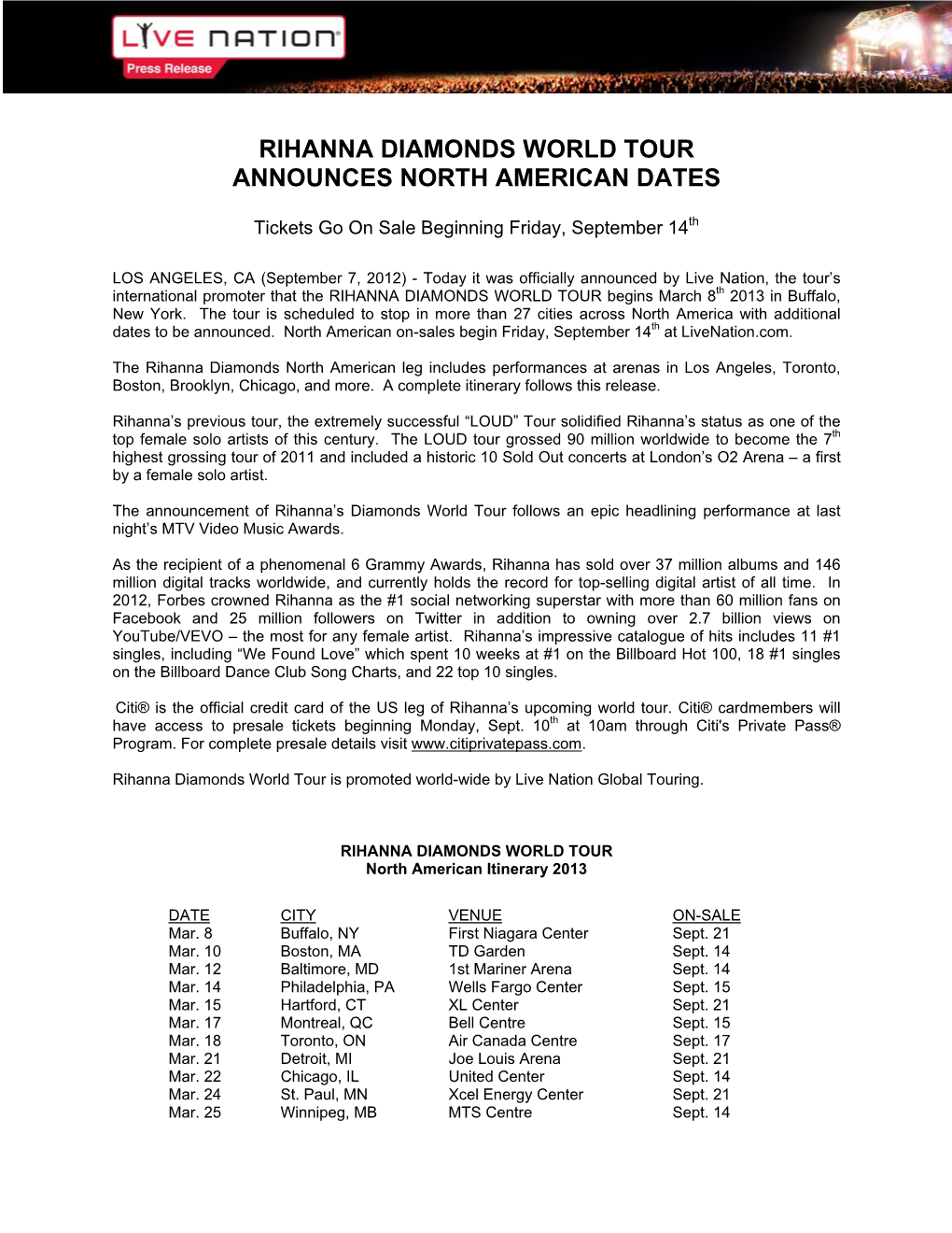 Rihanna Diamonds World Tour Announces North American Dates