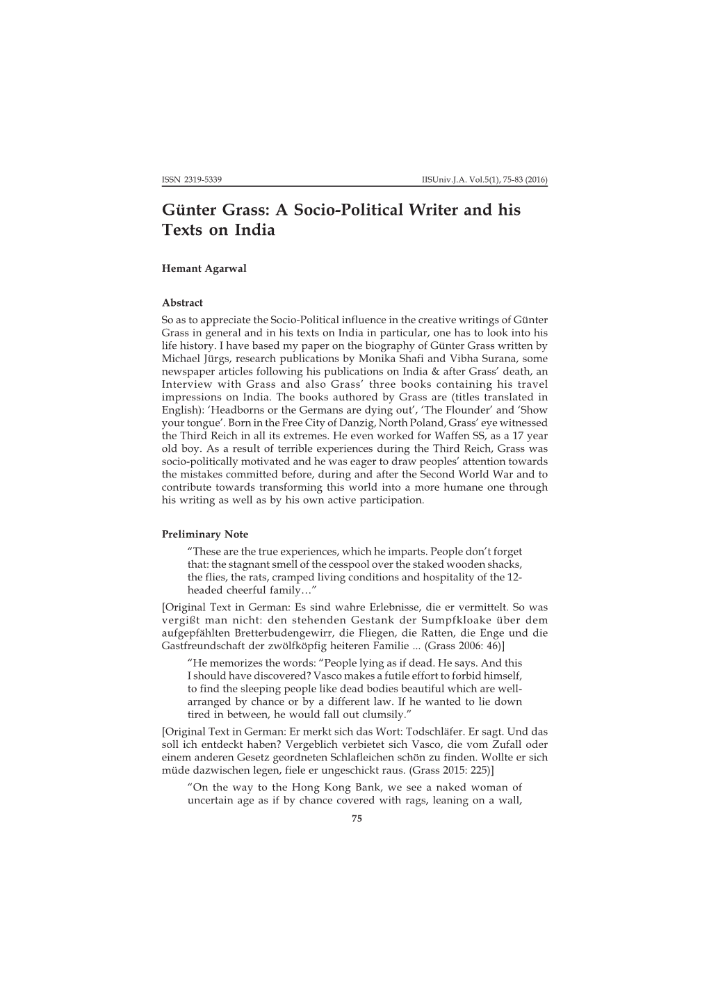 Günter Grass: a Socio-Political Writer and His Texts on India
