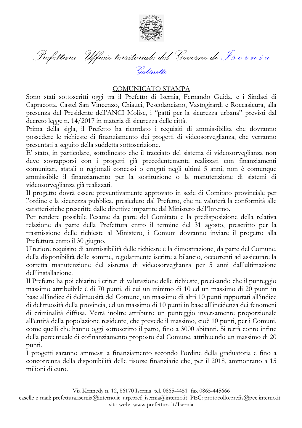 Prefettura – Ufficio Territoriale Del Governo Di I S E R N I a Gabinetto