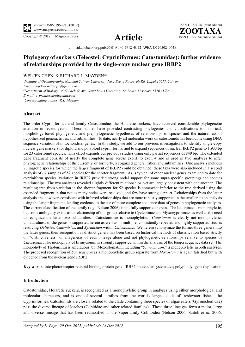 Phylogeny of Suckers (Teleostei: Cypriniformes: Catostomidae): Further Evidence of Relationships Provided by the Single-Copy Nuclear Gene IRBP2