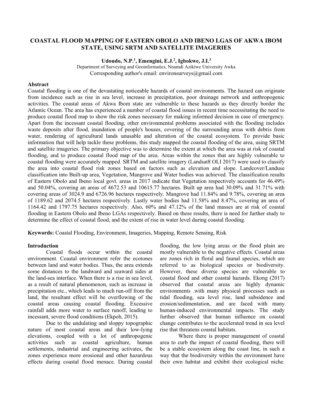 Coastal Flood Mapping of Eastern Obolo and Ibeno Lgas of Akwa Ibom State, Using Srtm and Satellite Imageries