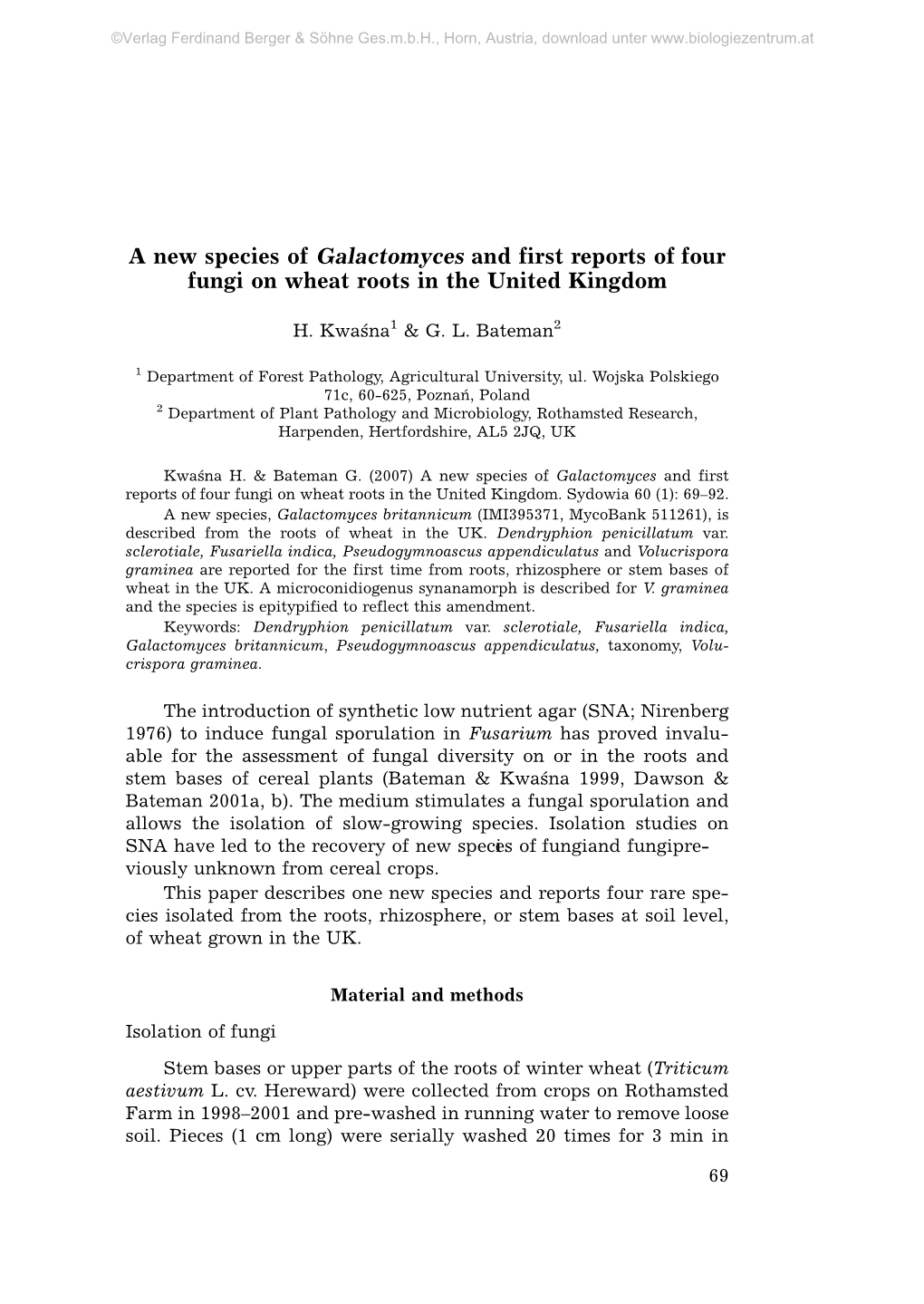 A New Species of Galactomyces and First Reports of Four Fungi on Wheat Roots in the United Kingdom