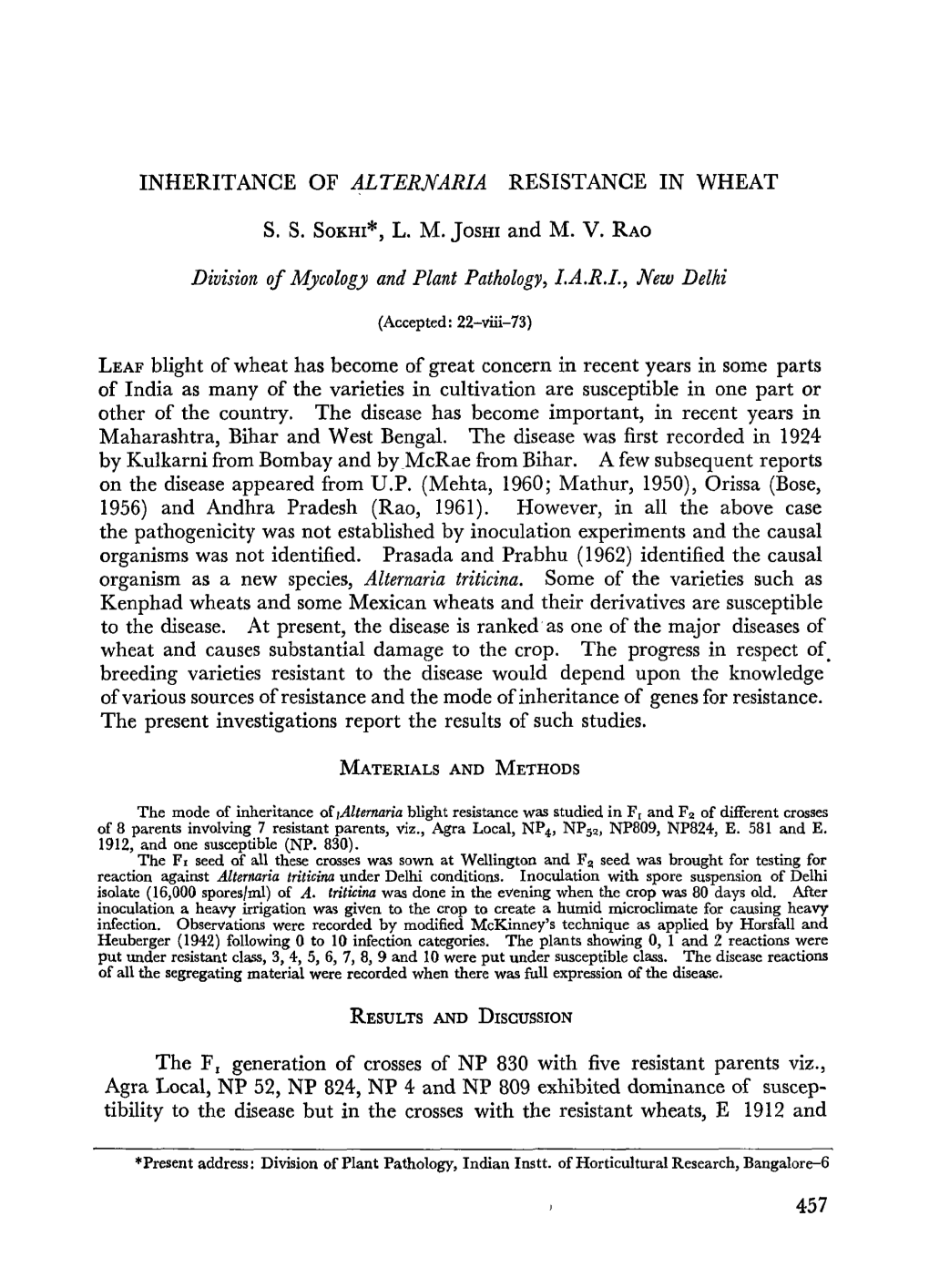 INHERITANCE of ALTERNARIA RESISTANCE in WHEAT Division