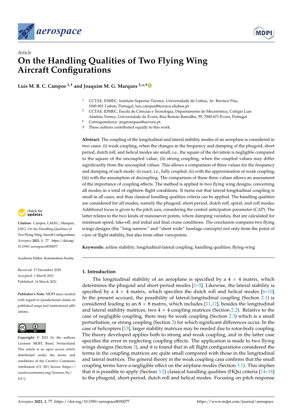 On the Handling Qualities of Two Flying Wing Aircraft Configurations