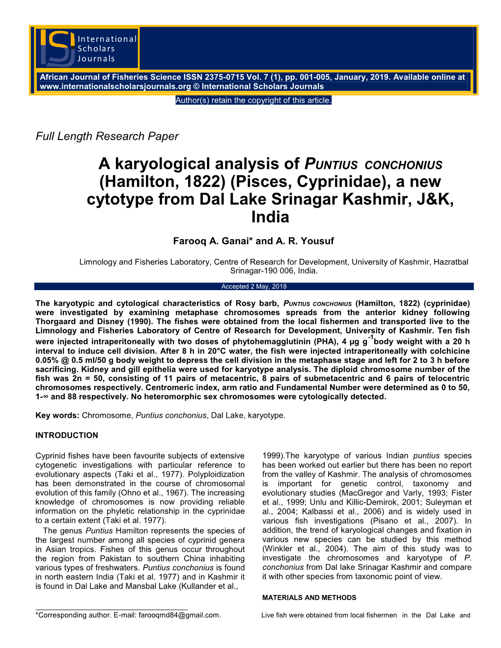 A Karyological Analysis of PUNTIUS CONCHONIUS (Hamilton, 1822) (Pisces, Cyprinidae), a New Cytotype from Dal Lake Srinagar Kashmir, J&K, India
