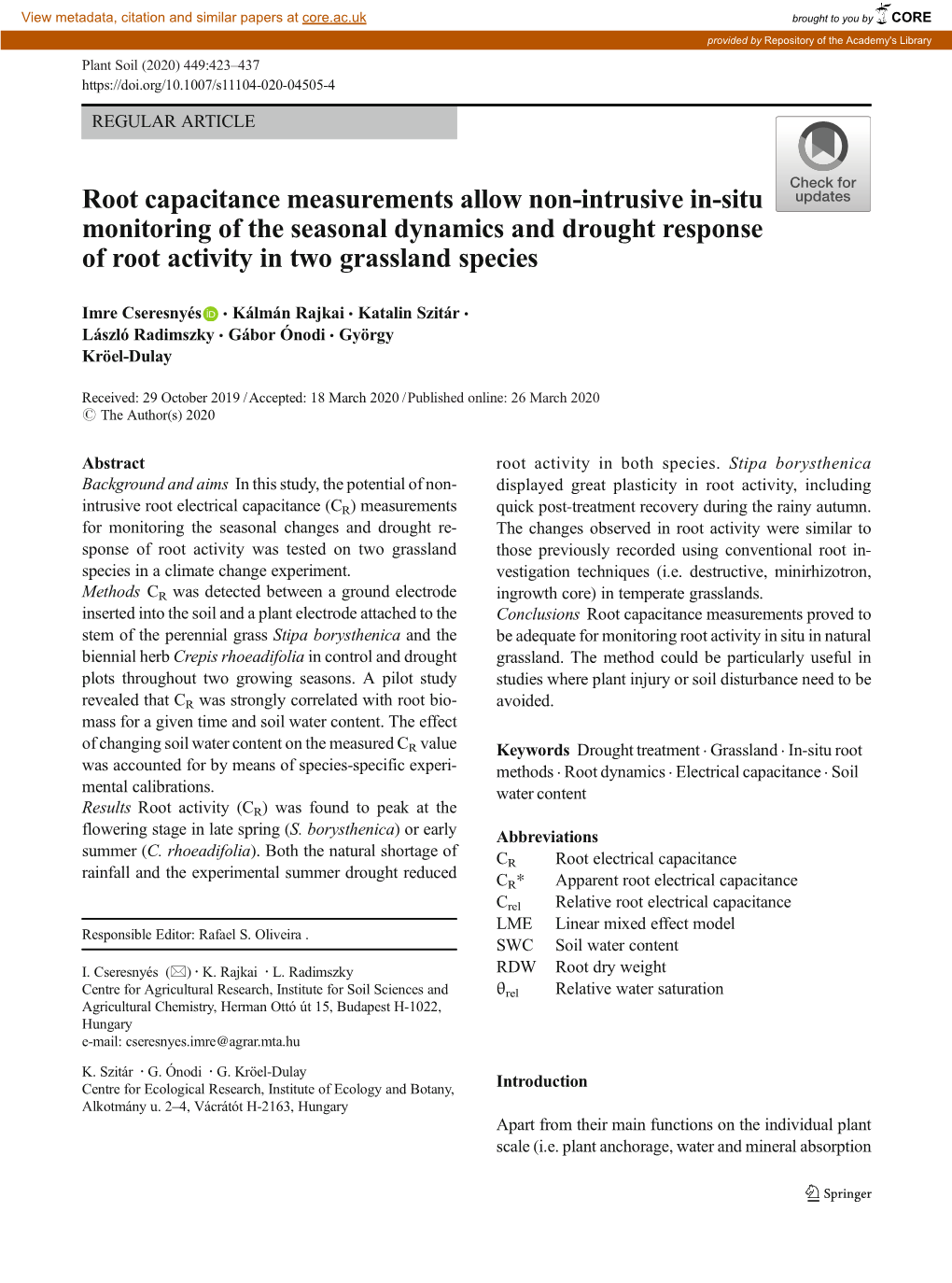 Root Capacitance Measurements Allow Non-Intrusive In-Situ Monitoring of the Seasonal Dynamics and Drought Response of Root Activity in Two Grassland Species