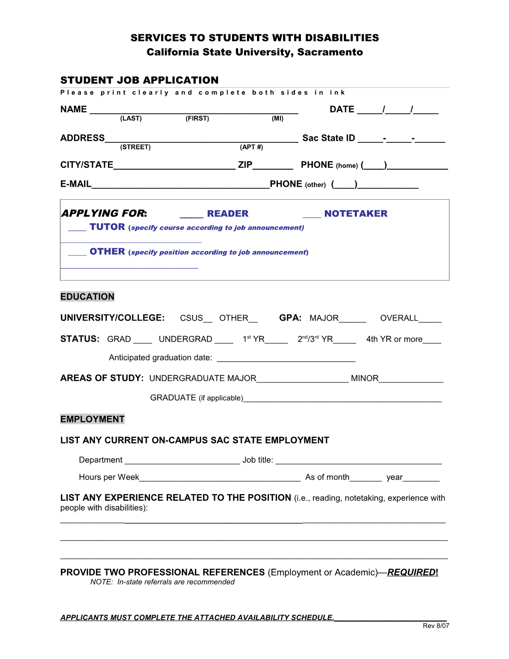 Reader/Notetaker Application Form