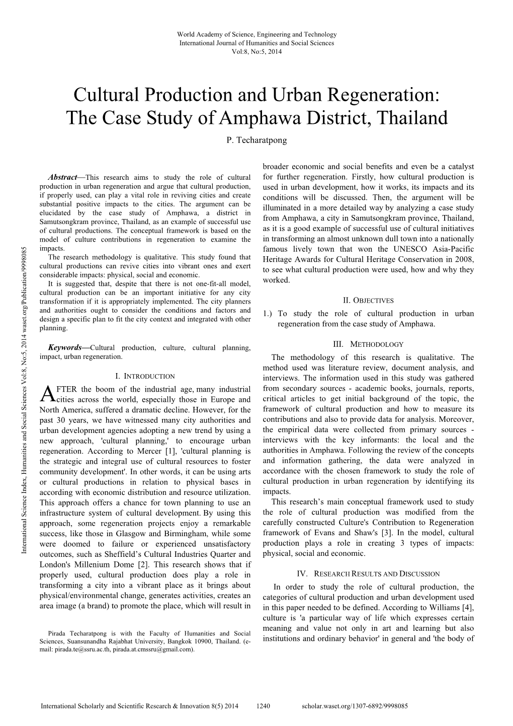 Cultural Production and Urban Regeneration: the Case Study of Amphawa District, Thailand P