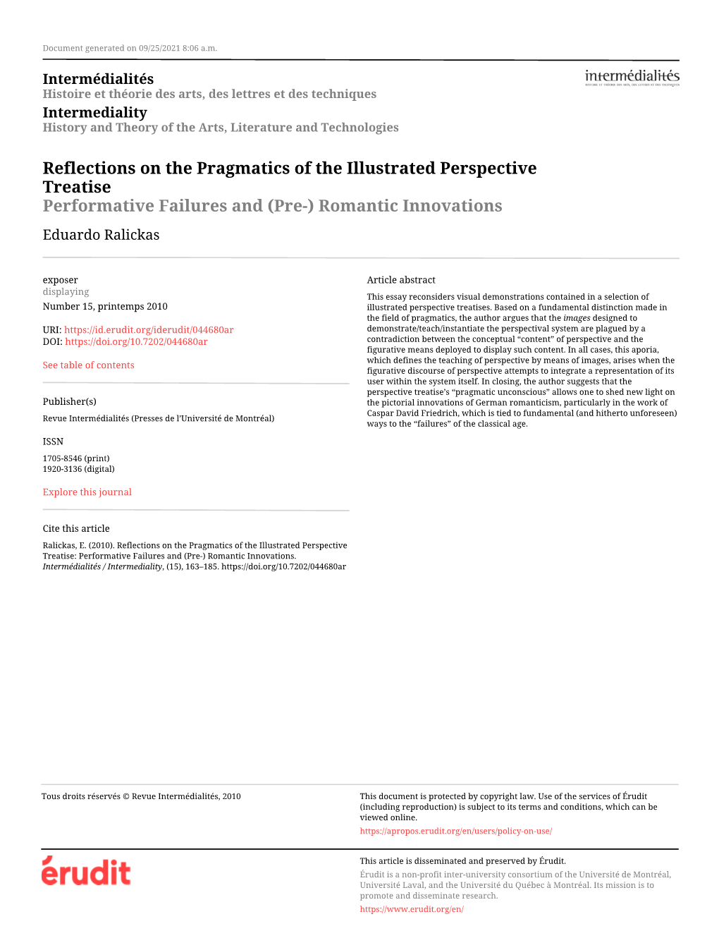 Reflections on the Pragmatics of the Illustrated Perspective Treatise Performative Failures and (Pre-) Romantic Innovations Eduardo Ralickas