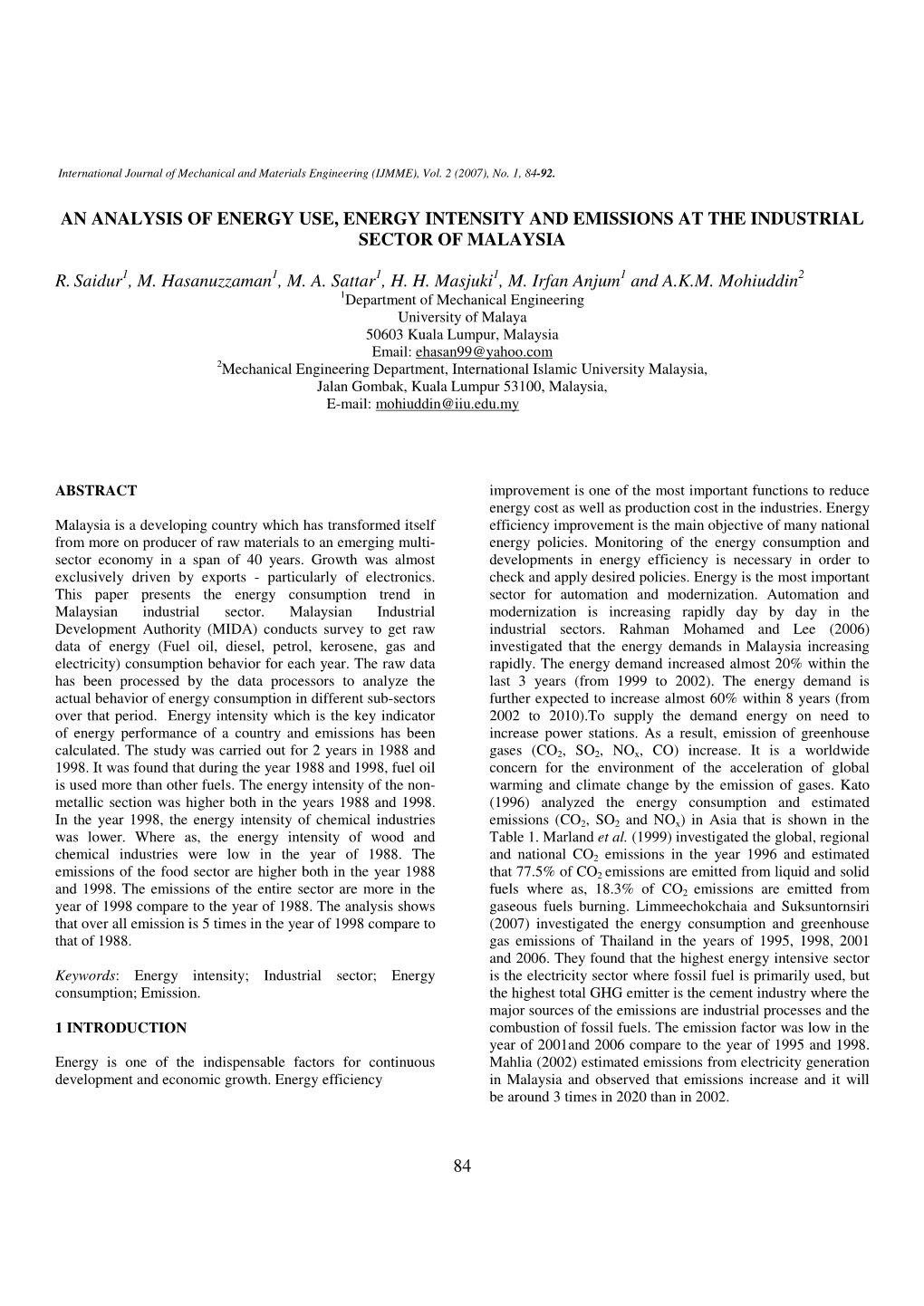 An Analysis of Energy Use, Energy Intensity and Emissions at the Industrial Sector of Malaysia