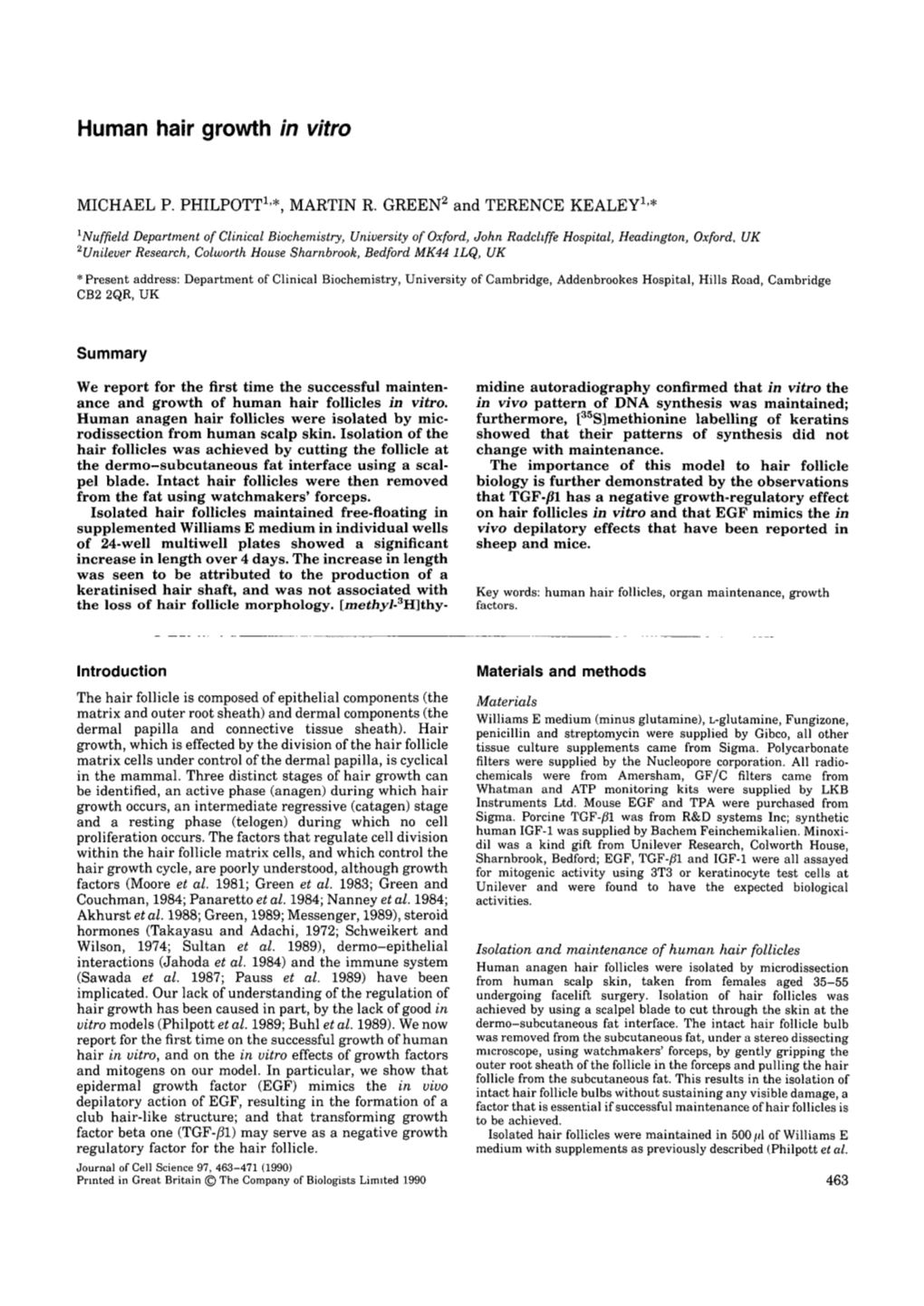 Human Hair Growth in Vitro