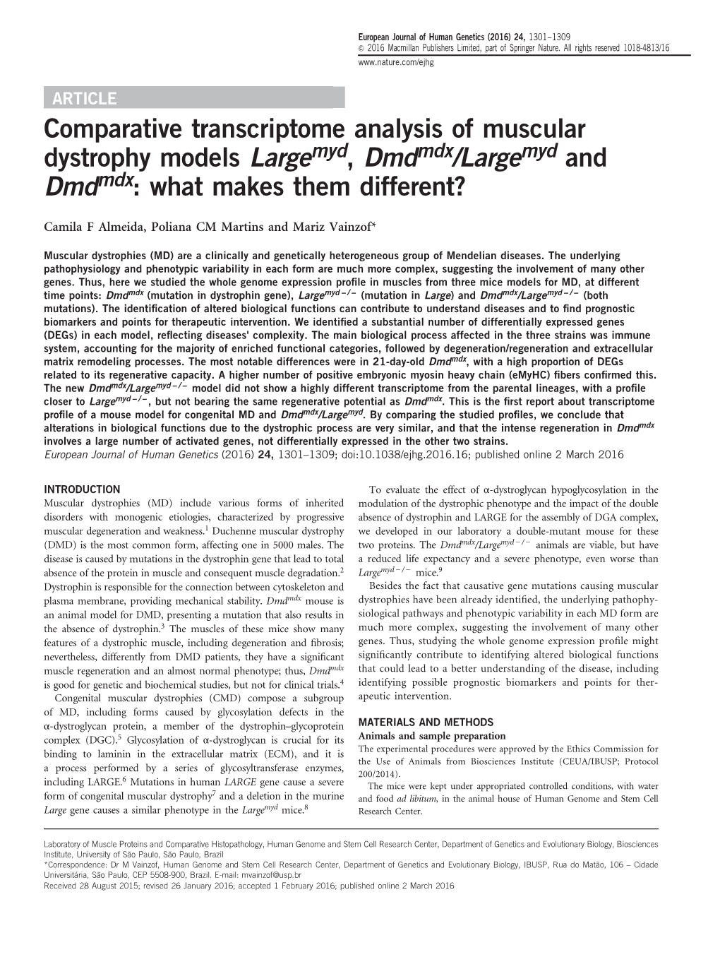 Comparative Transcriptome Analysis of Muscular Dystrophy Models Largemyd, Dmdmdx&Sol