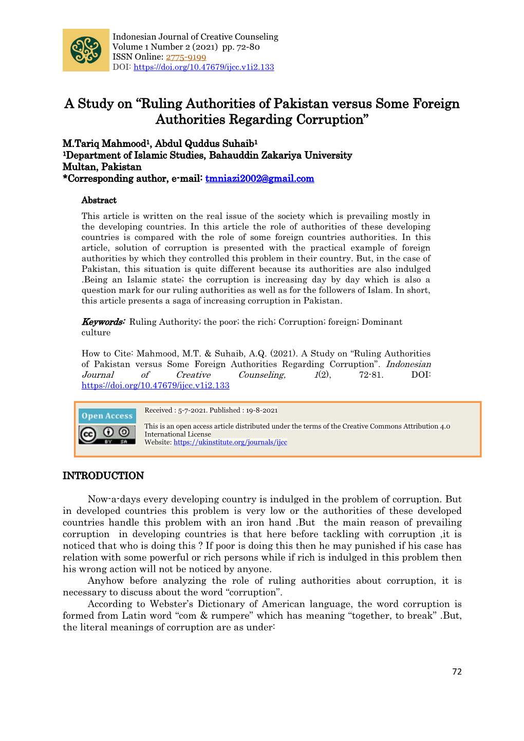 A Study on “Ruling Authorities of Pakistan Versus Some Foreign Authorities Regarding Corruption”