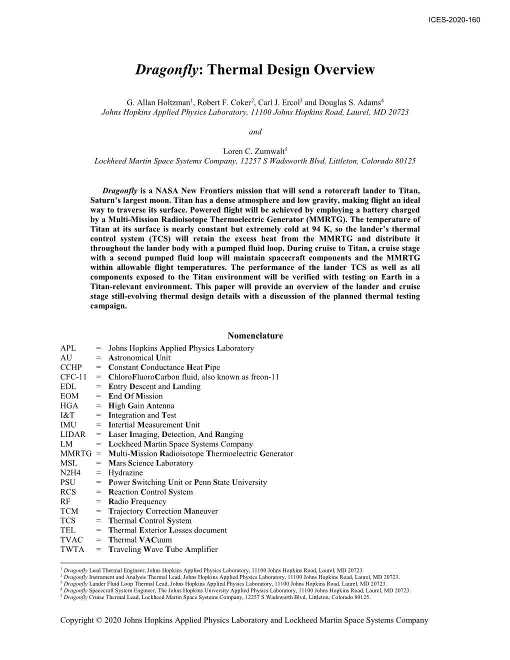 Dragonfly: Thermal Design Overview