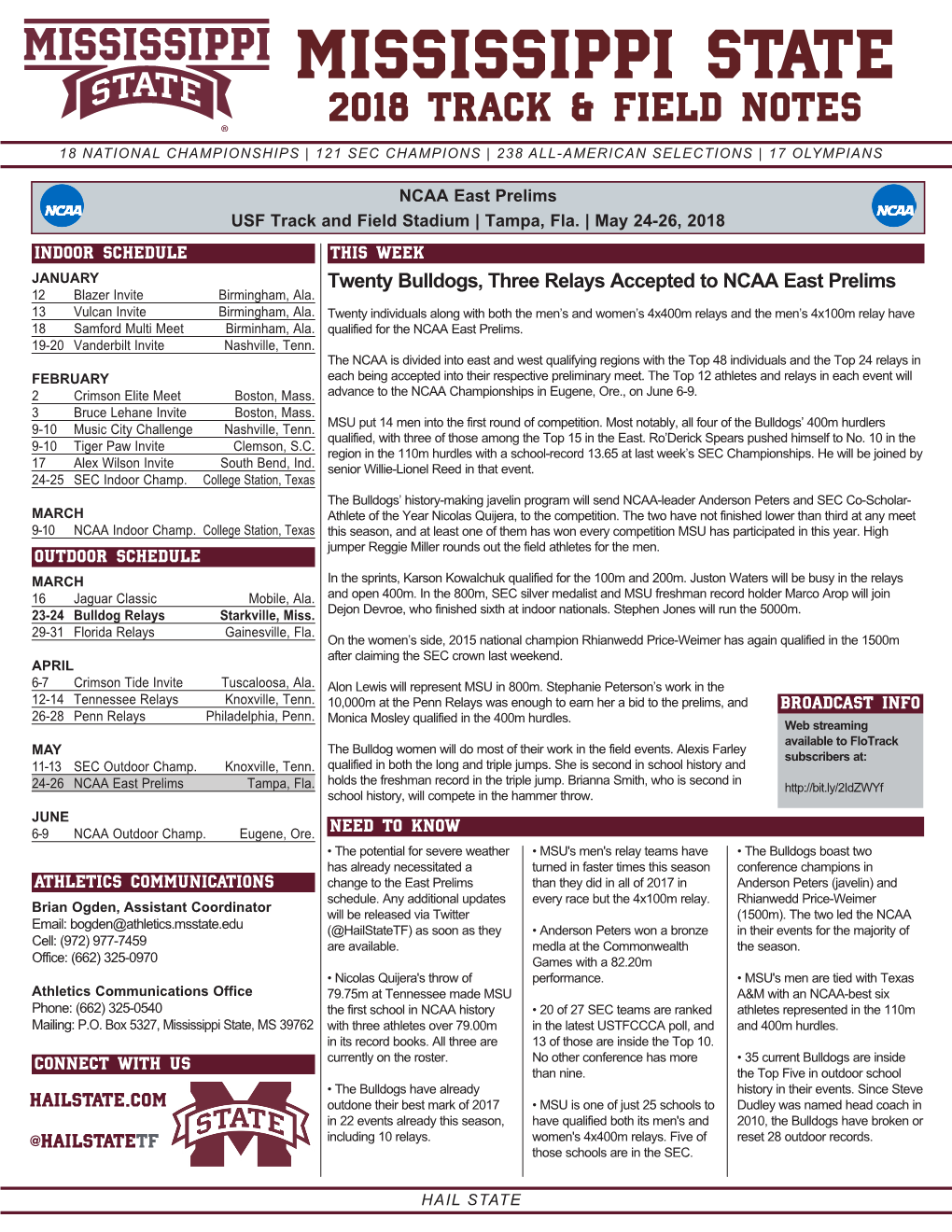 Mississippi State 2018 Track & Field Notes