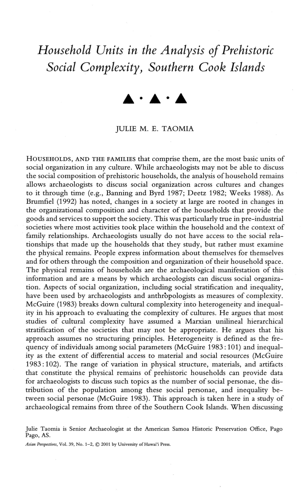 Household Units in the Analysis Ofprehistoric Social Complexity, Southern Cook Islands