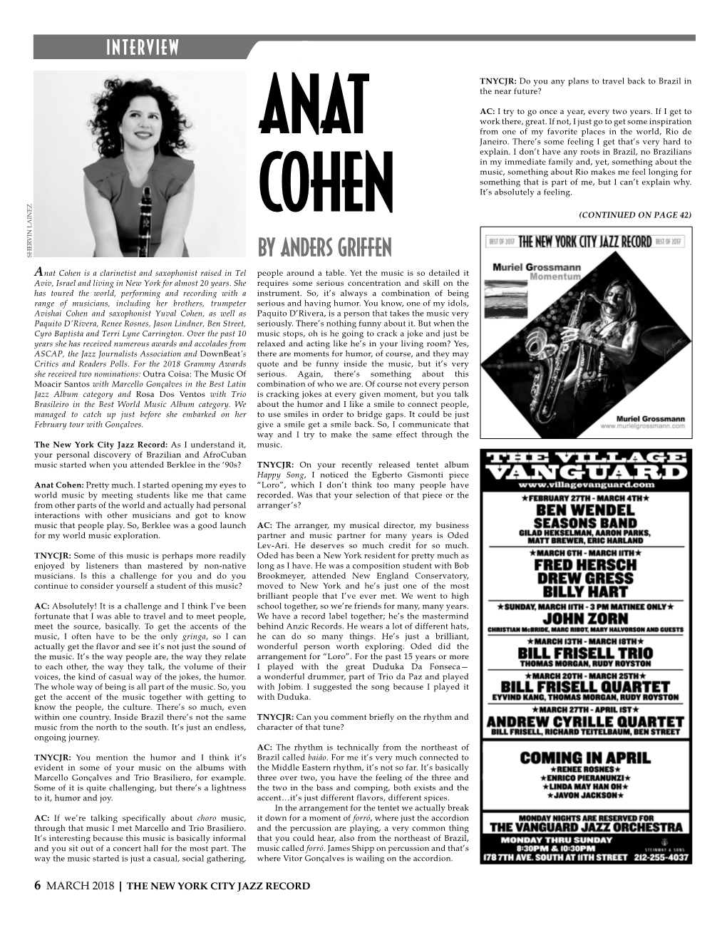 By Anders Griffen Anat Cohen Is a Clarinetist and Saxophonist Raised in Tel People Around a Table