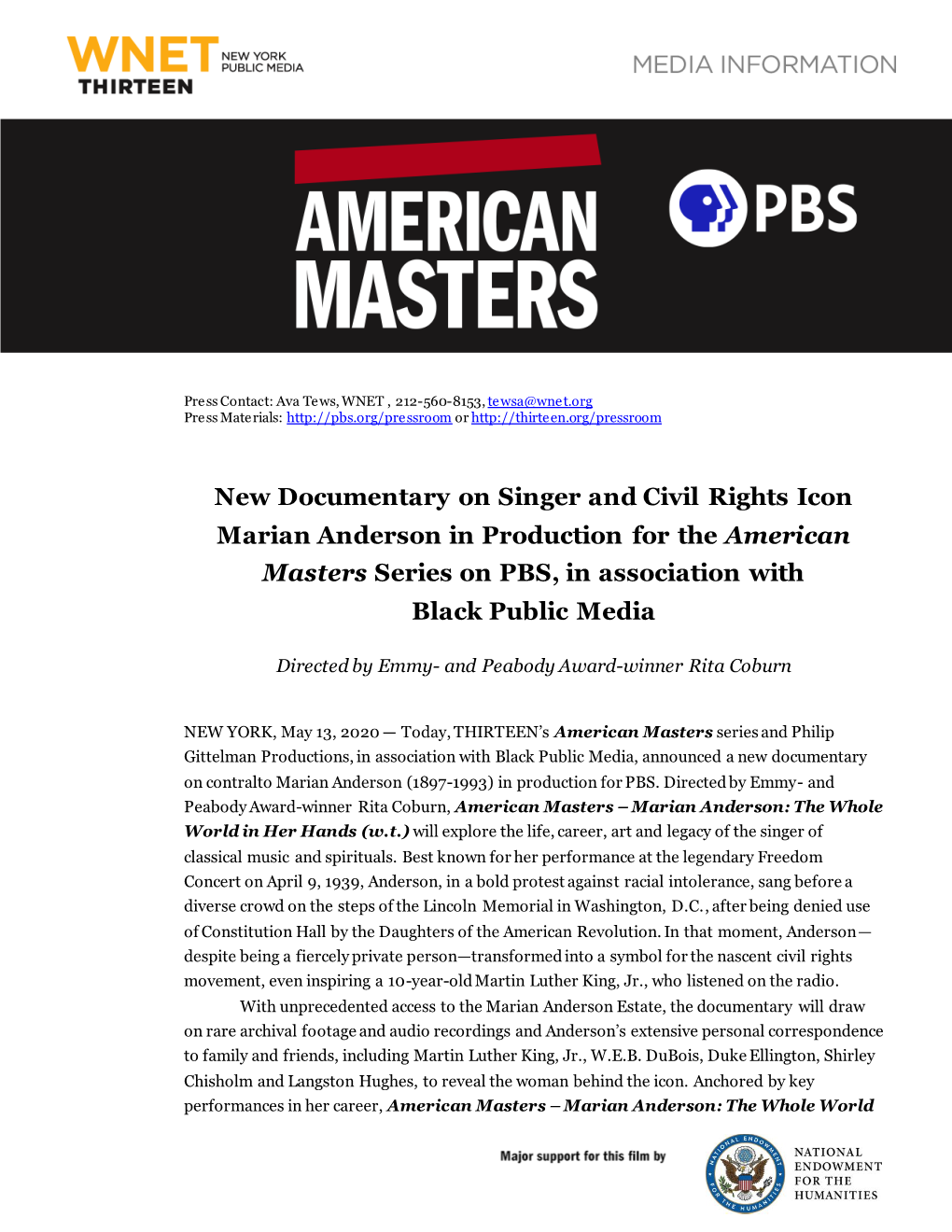 New Documentary on Singer and Civil Rights Icon Marian Anderson in Production for the American Masters Series on PBS, in Association with Black Public Media