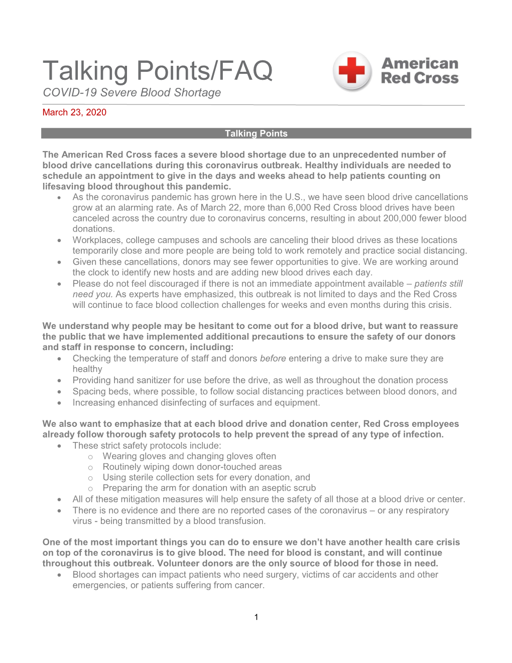 Talking Points/FAQ COVID-19 Severe Blood Shortage March 23, 2020