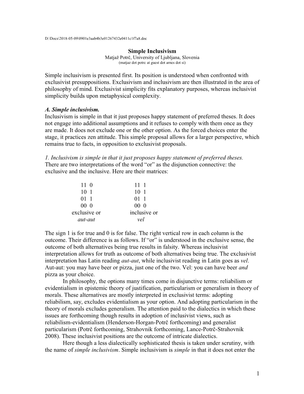 F: M Work Phenomenology Dualism Dualist Zombie 10 16 07