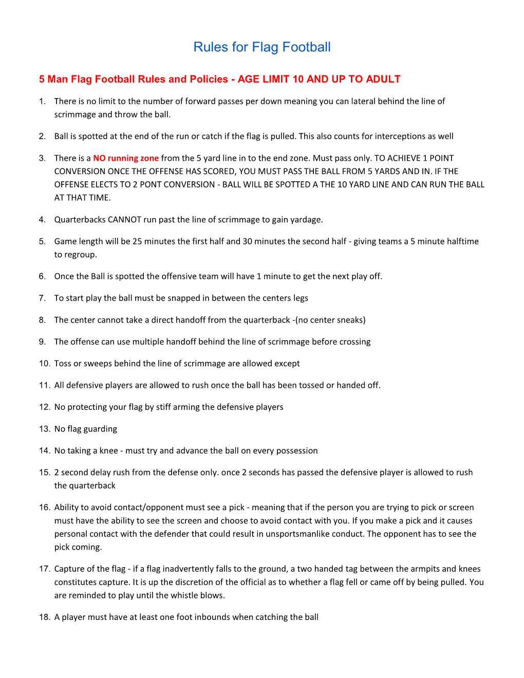 Rules for Flag Football