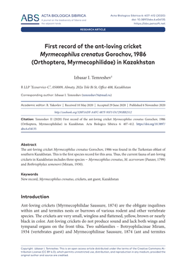 First Record of the Ant-Loving Cricket Myrmecophilus Crenatus Gorochov, 1986 (Orthoptera, Myrmecophilidae) in Kazakhstan