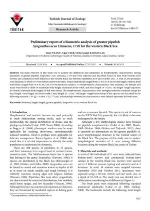 Preliminary Report of a Biometric Analysis of Greater Pipefish Syngnathus Acus Linnaeus, 1758 for the Western Black Sea