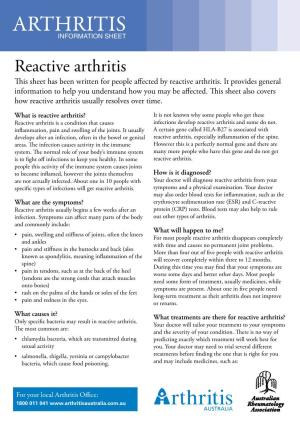 Reactive Arthritis This Sheet Has Been Written for People Affected by Reactive Arthritis