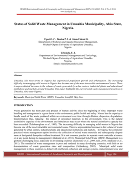 Status of Solid Waste Management in Umuahia Municipality, Abia State, Nigeria