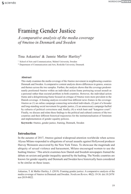 Framing Gender Justice a Comparative Analysis of the Media Coverage of #Metoo in Denmark and Sweden