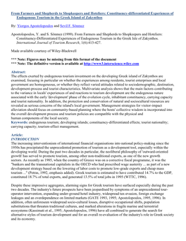 From Farmers and Shepherds to Shopkeepers and Hoteliers: Constituency-Differentiated Experiences of Endogenous Tourism in the Greek Island of Zakynthos