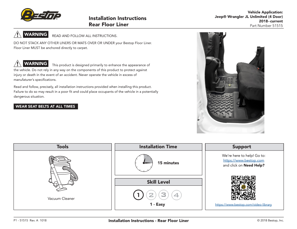 Installation Instructions Rear Floor Liner