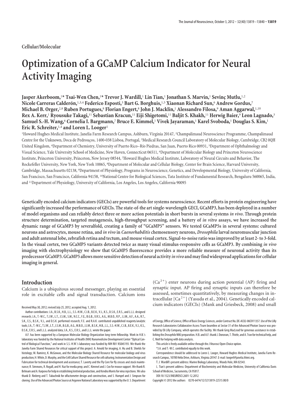 Optimization of a Gcamp Calcium Indicator for Neural Activity Imaging