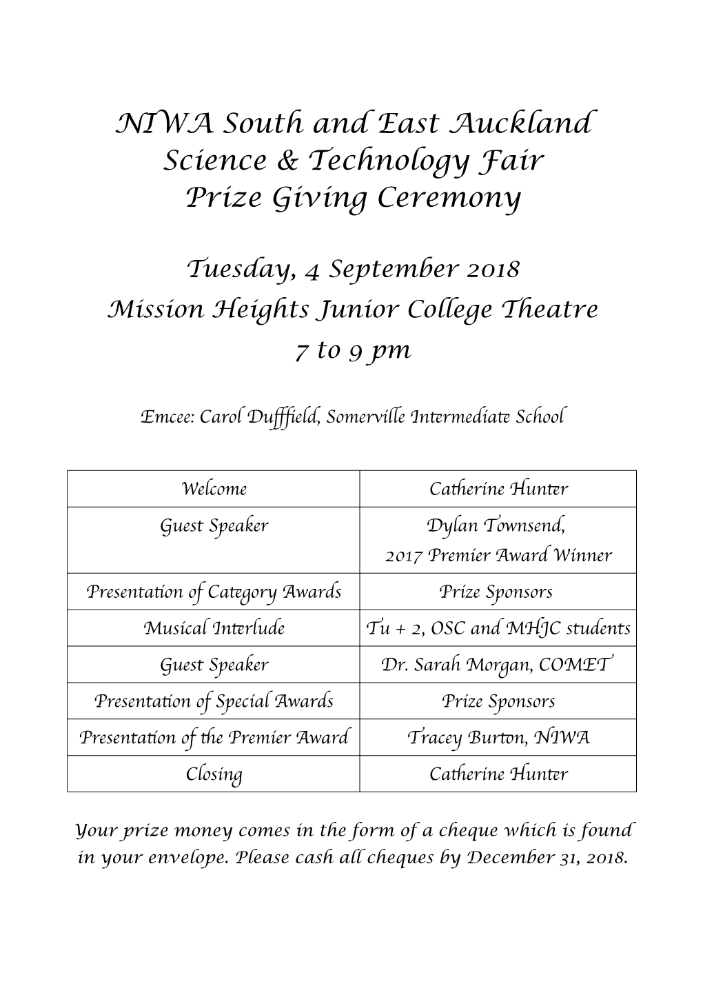 NIWA South and East Auckland Science & Technology Fair Prize