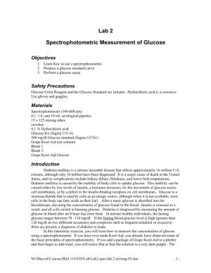 Lab 2 Spectrophotometric Measurement of Glucose