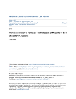 From Cancellation to Removal: the Protection of Migrants of 'Bad Character' in Australia