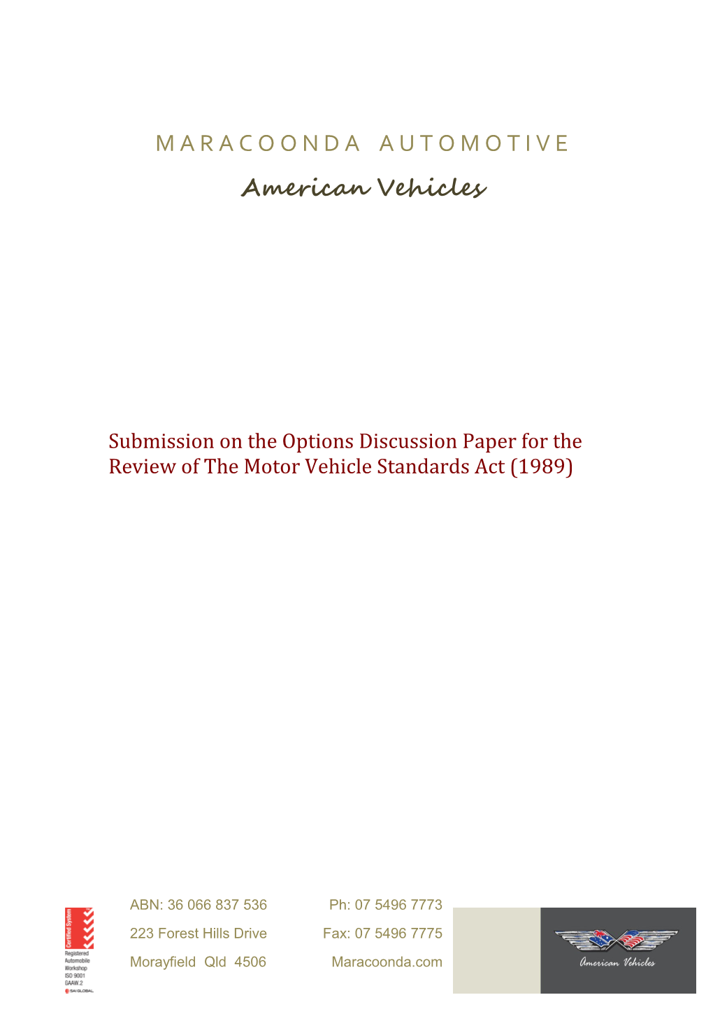 Submission on the Options Discussion Paper for the Review of the Motor Vehicle Standards