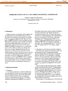 Inhibitory Effect of Ef G and Gmppcp on Peptidyl Transferase