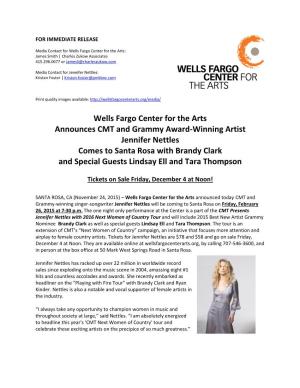 Wells Fargo Center for the Arts Announces CMT and Grammy Award-Winning Artist Jennifer Nettles Comes to Santa Rosa with Brandy