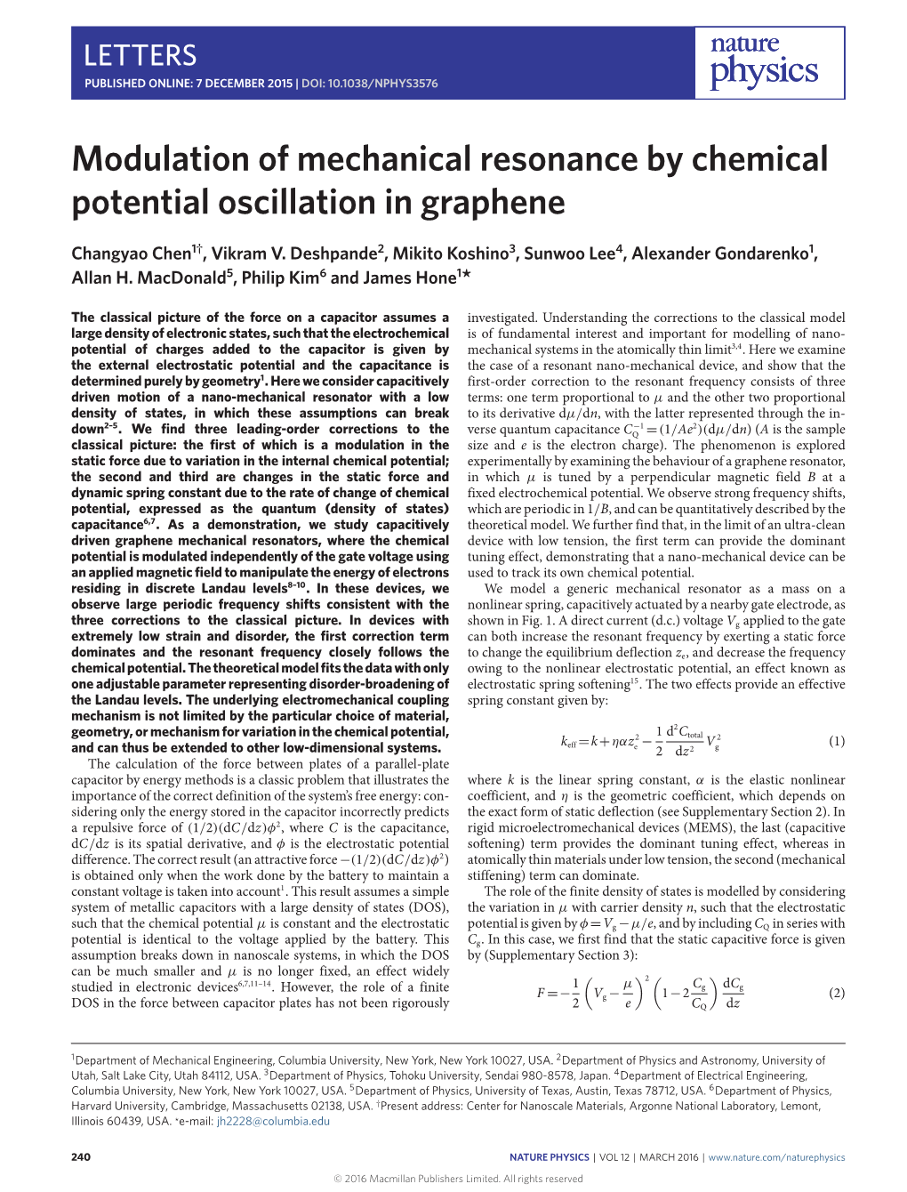 Modulation of Mechanical Resonance by Chemical Potential Oscillation in Graphene